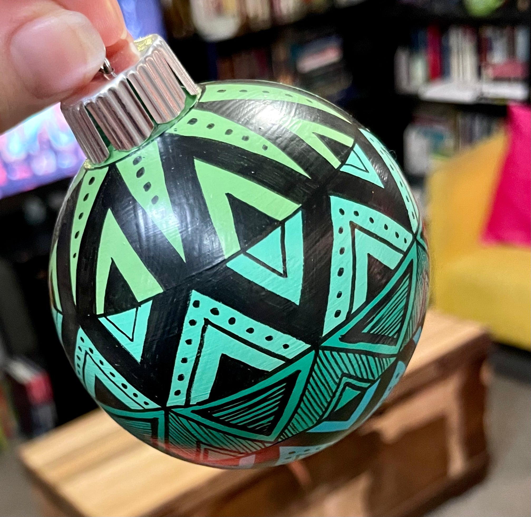 Hand Painted Blue and Green Colorful Leafy Christmas Ornament