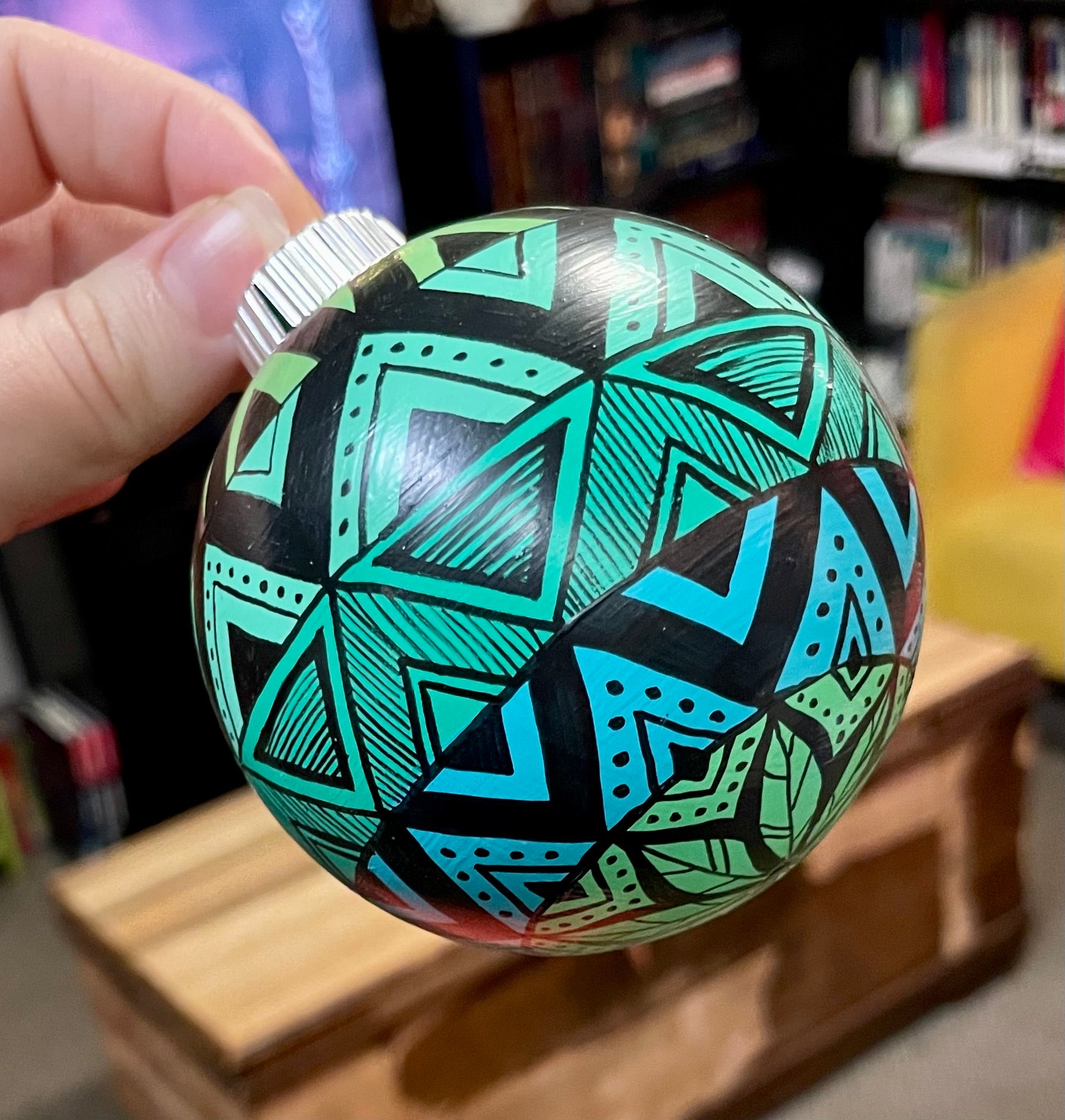 Hand Painted Blue and Green Colorful Leafy Christmas Ornament