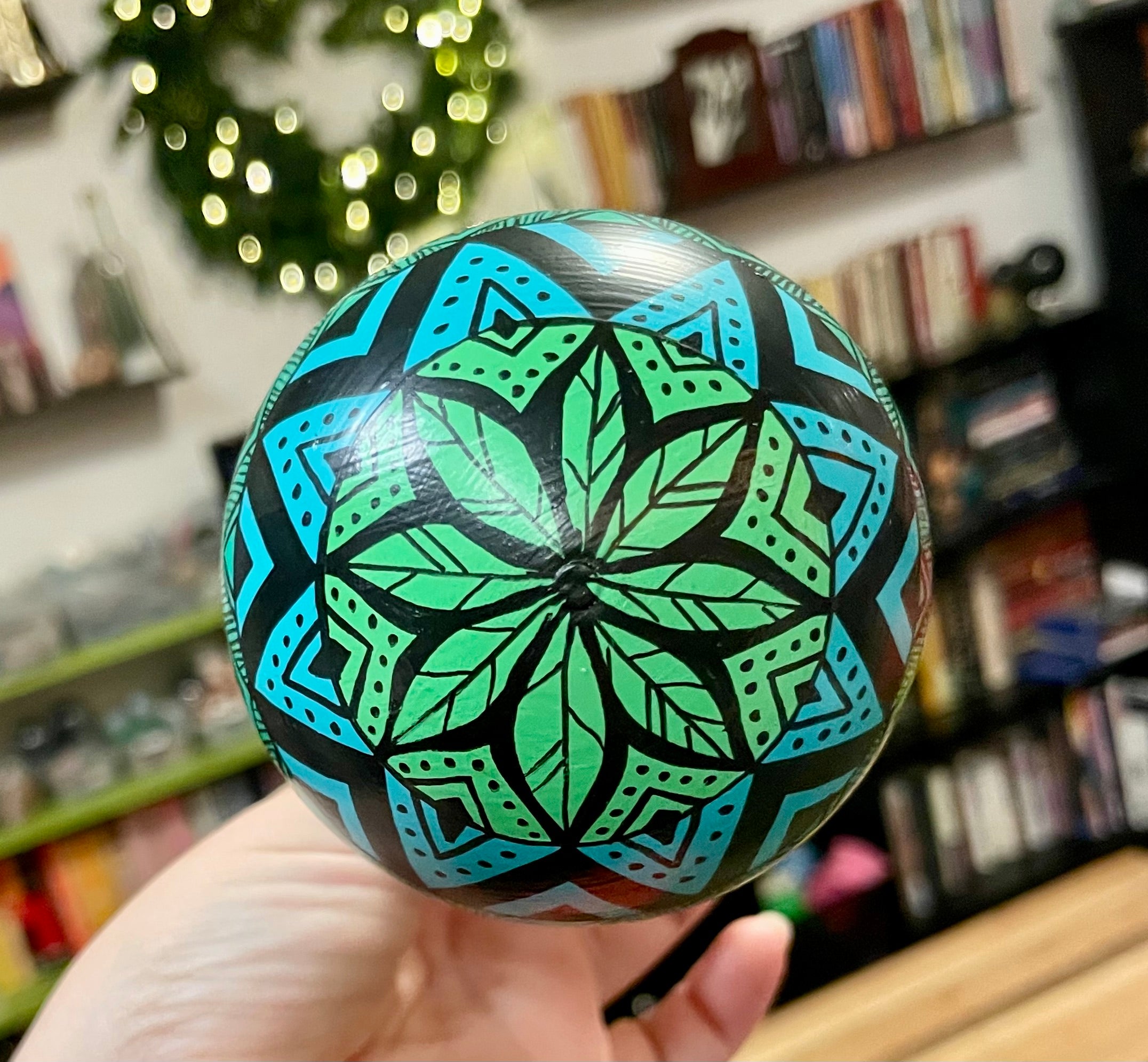 Hand Painted Blue and Green Colorful Leafy Christmas Ornament