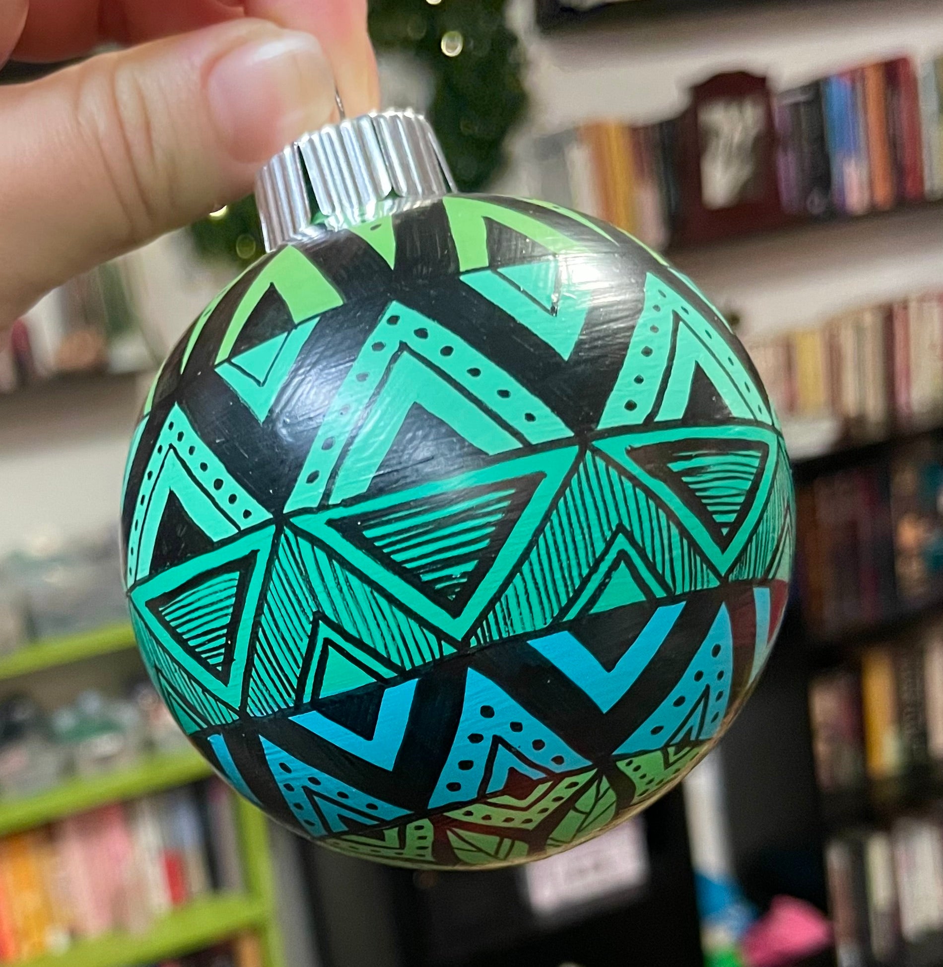 Hand Painted Blue and Green Colorful Leafy Christmas Ornament