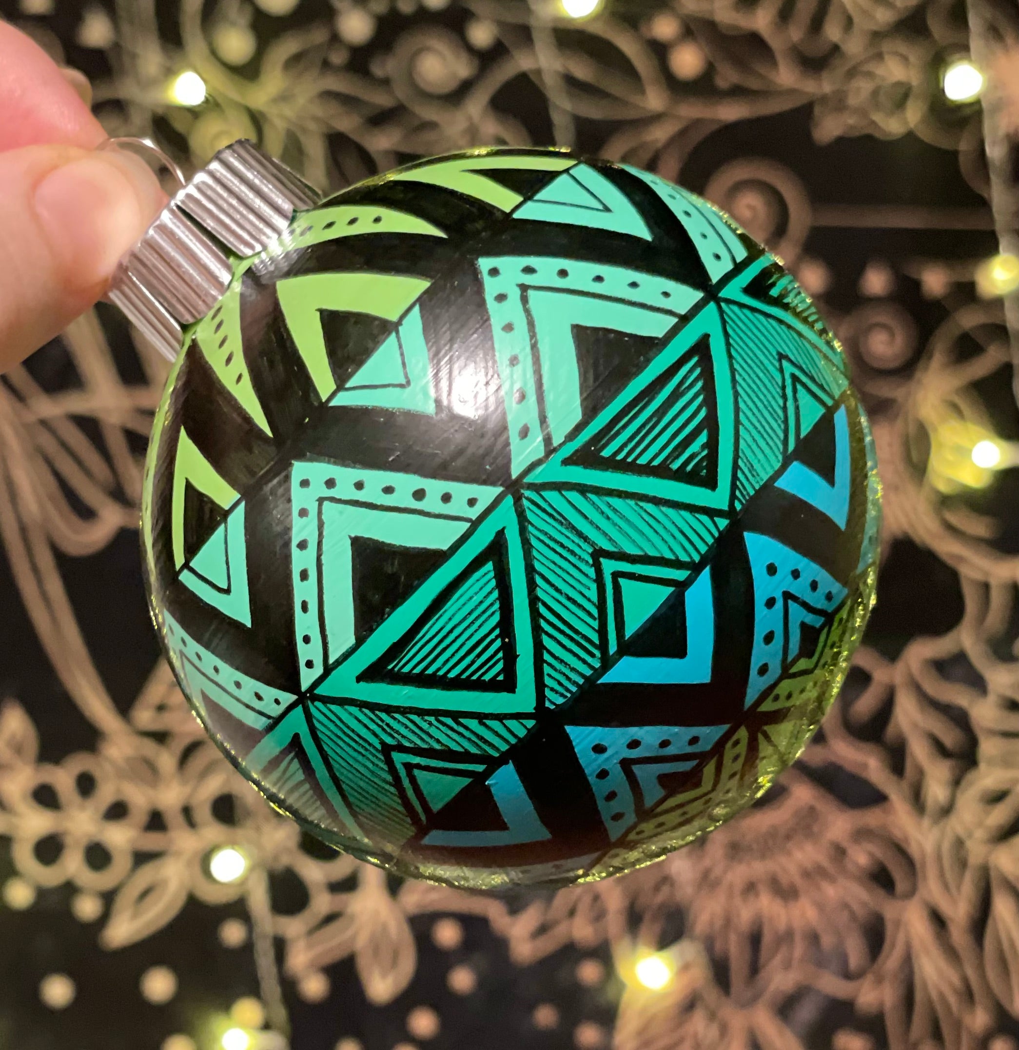 Hand Painted Blue and Green Colorful Leafy Christmas Ornament