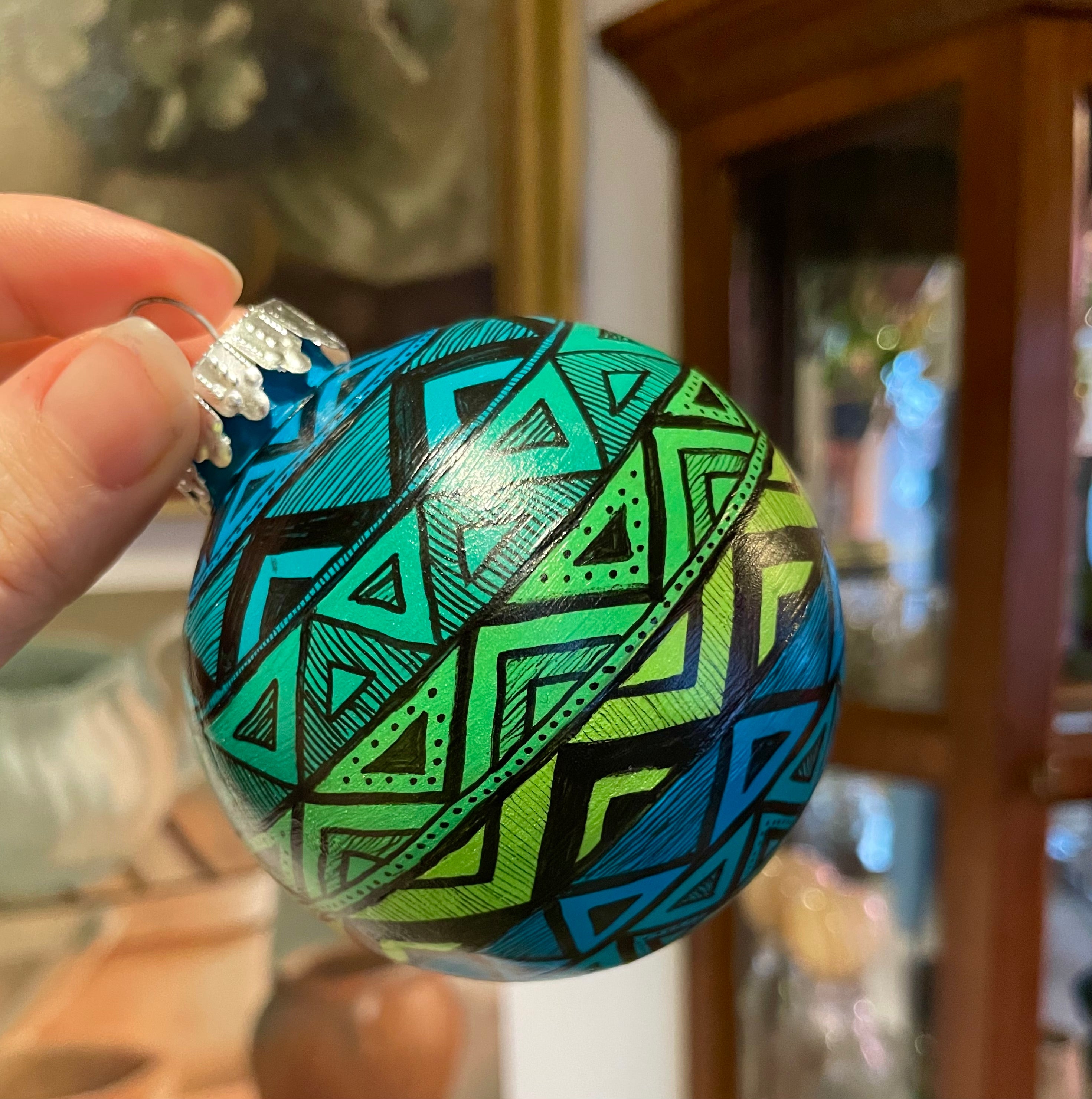 Blue and Green Hand Painted Colorful Christmas Ornament